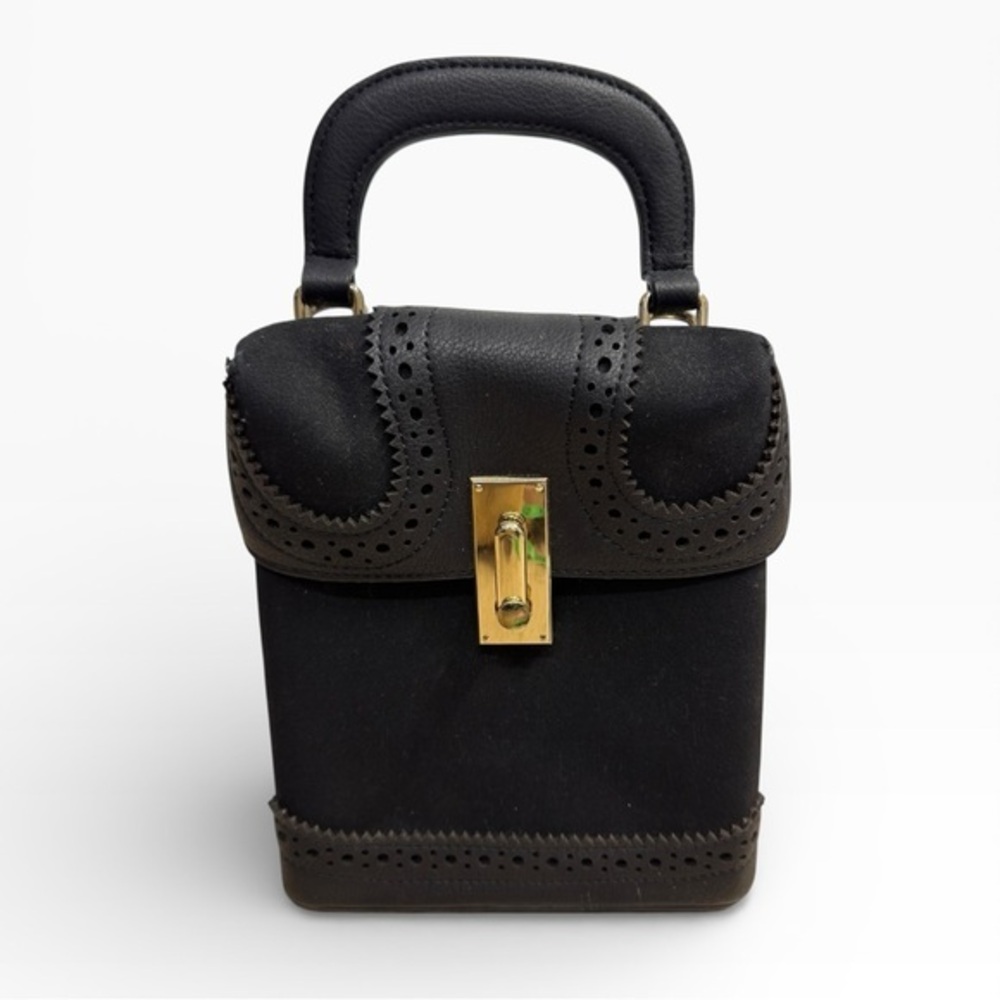Black Faux Suede Mini Bucket Bag Cutout Detail Top Handle Gold Clasp